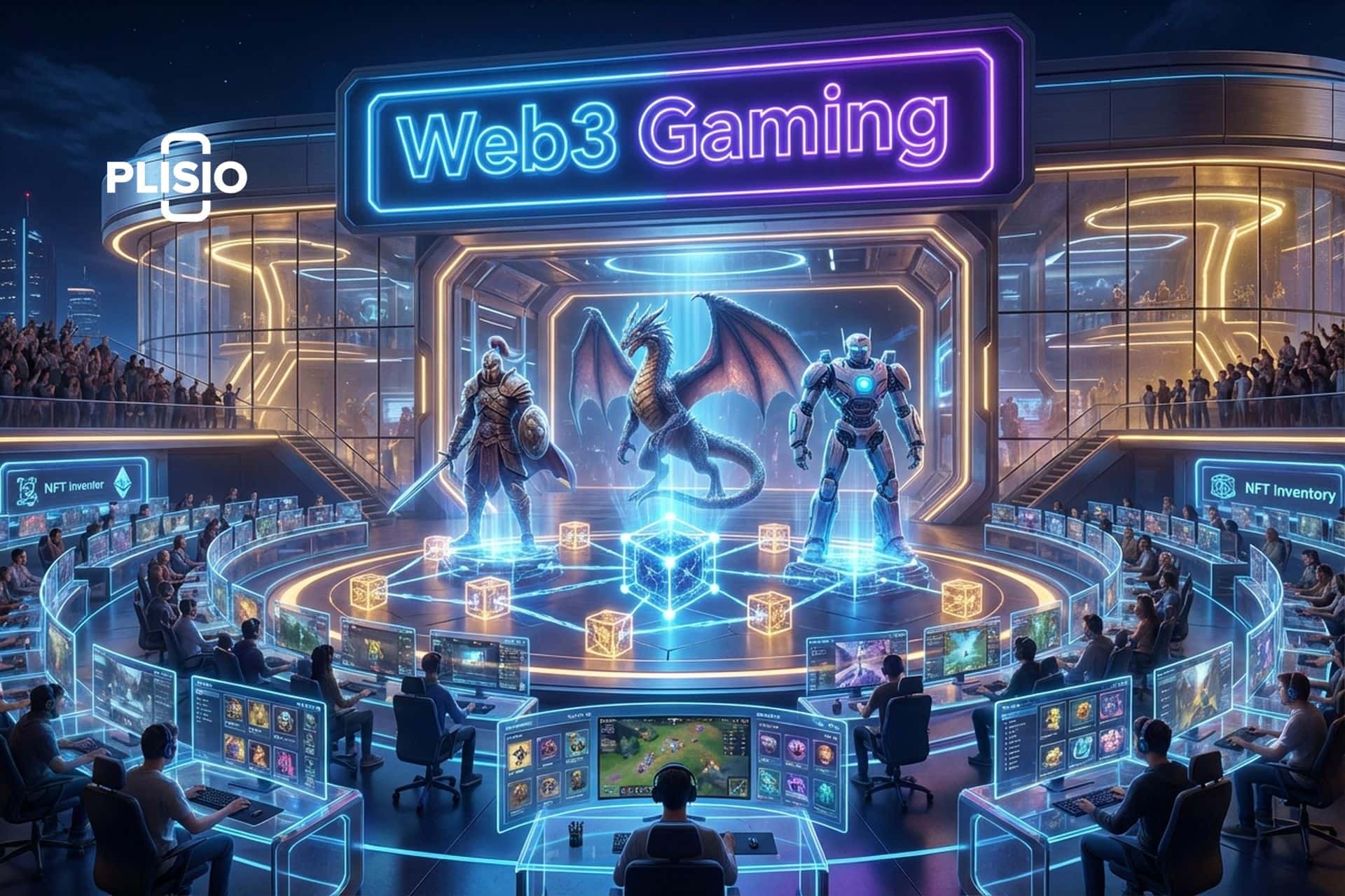 Ilustrasi dunia game futuristik 2026 dengan teknologi AI, VR, dan cloud gaming yang mendominasi industri gaming global